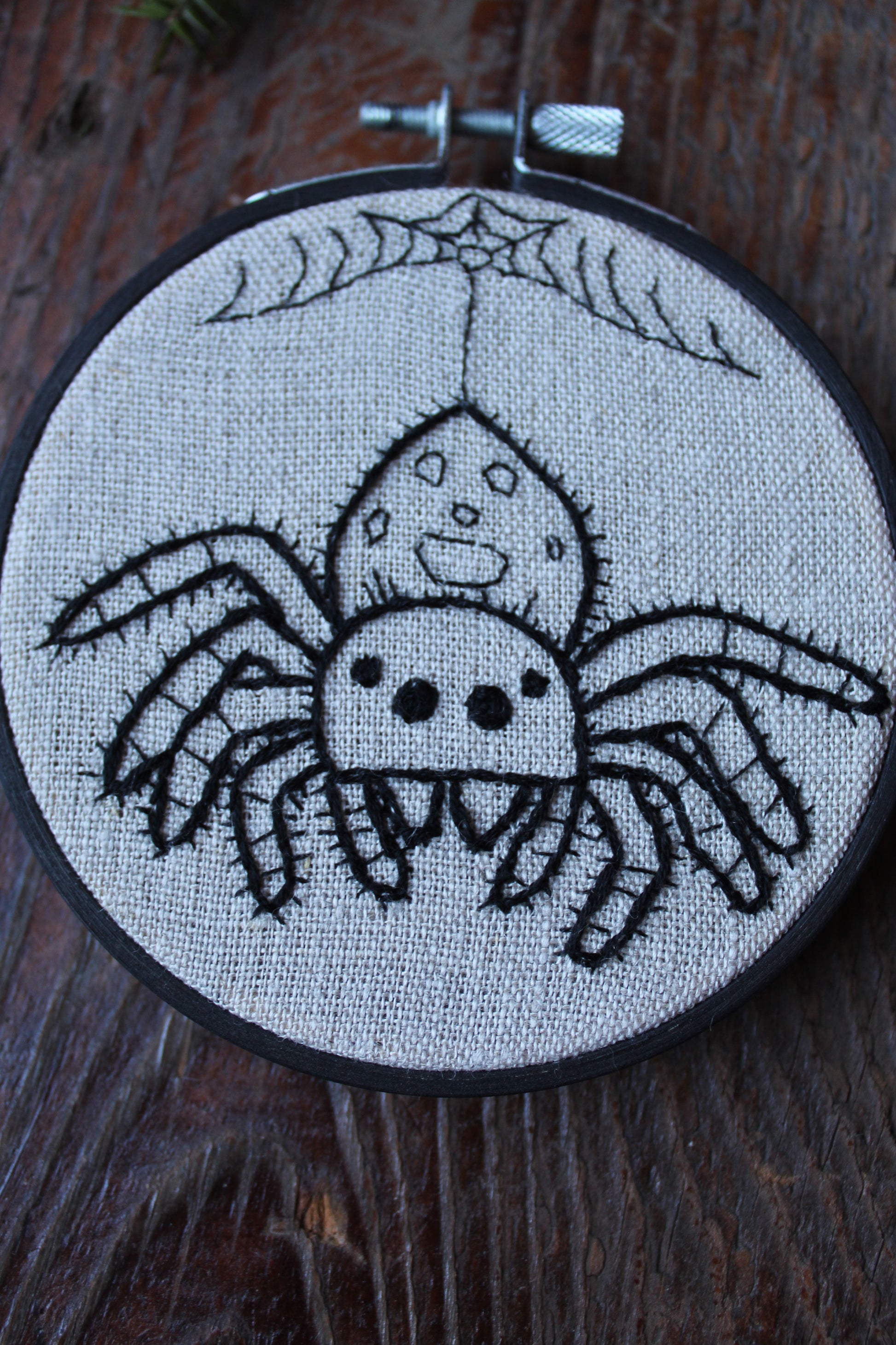 Jumping spider embroidery, front hoop art