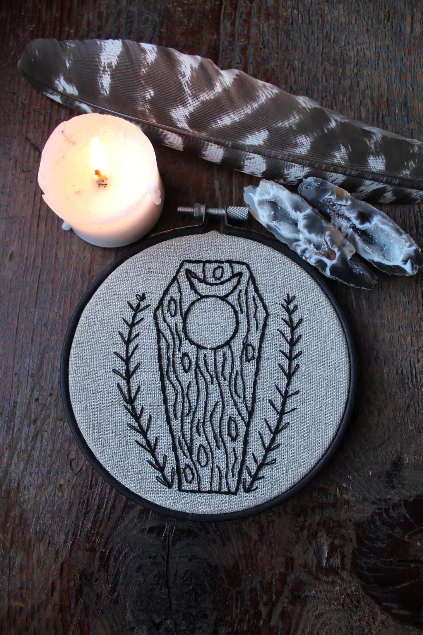 coffin embroidery, front hoop art