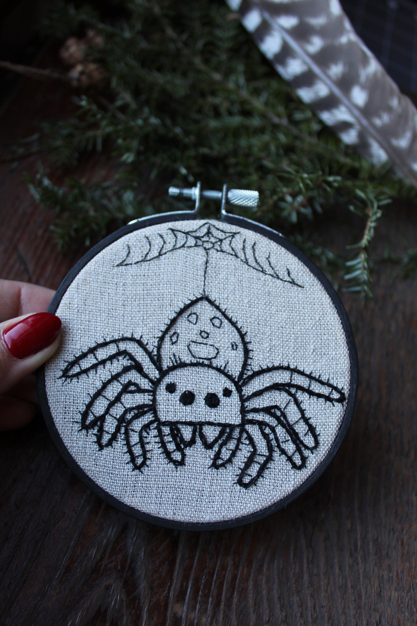 Jumping spider embroidery, front hoop art