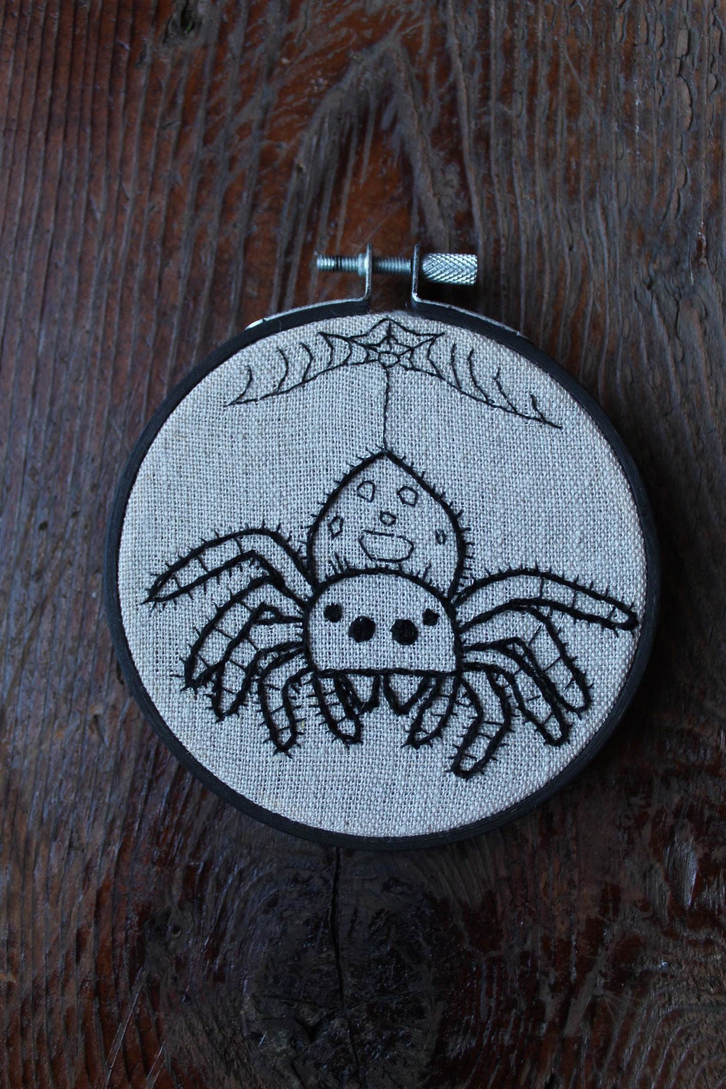 Jumping spider embroidery, front hoop art