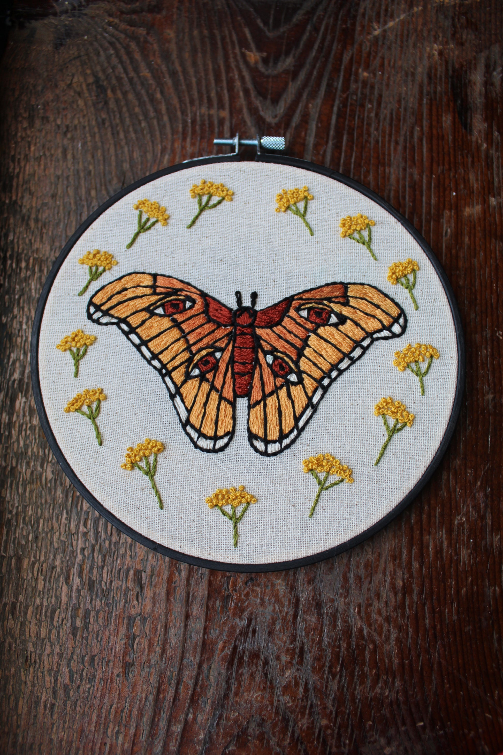 atlas moth embroidery, front hoop art