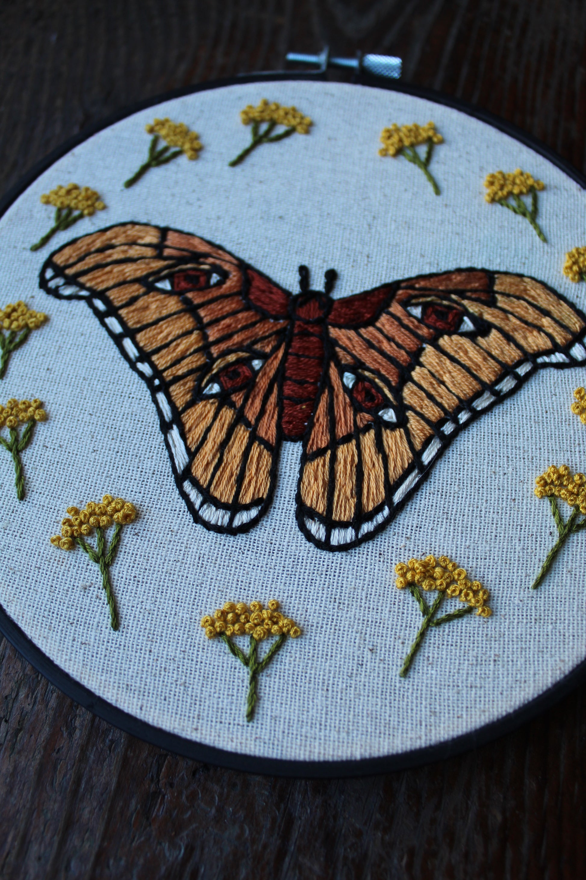 atlas moth embroidery, front  close up hoop art