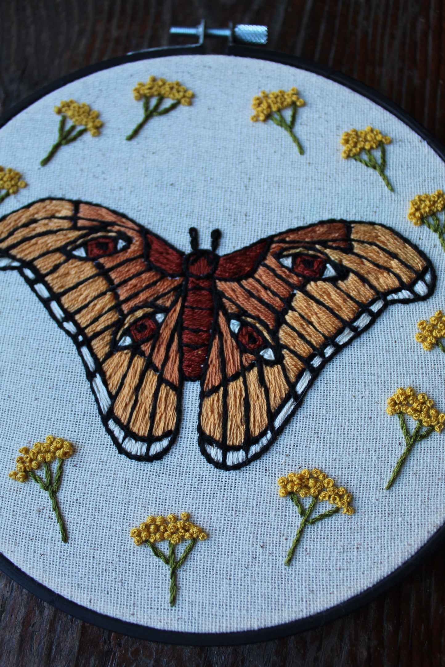 atlas moth embroidery, front close up hoop art