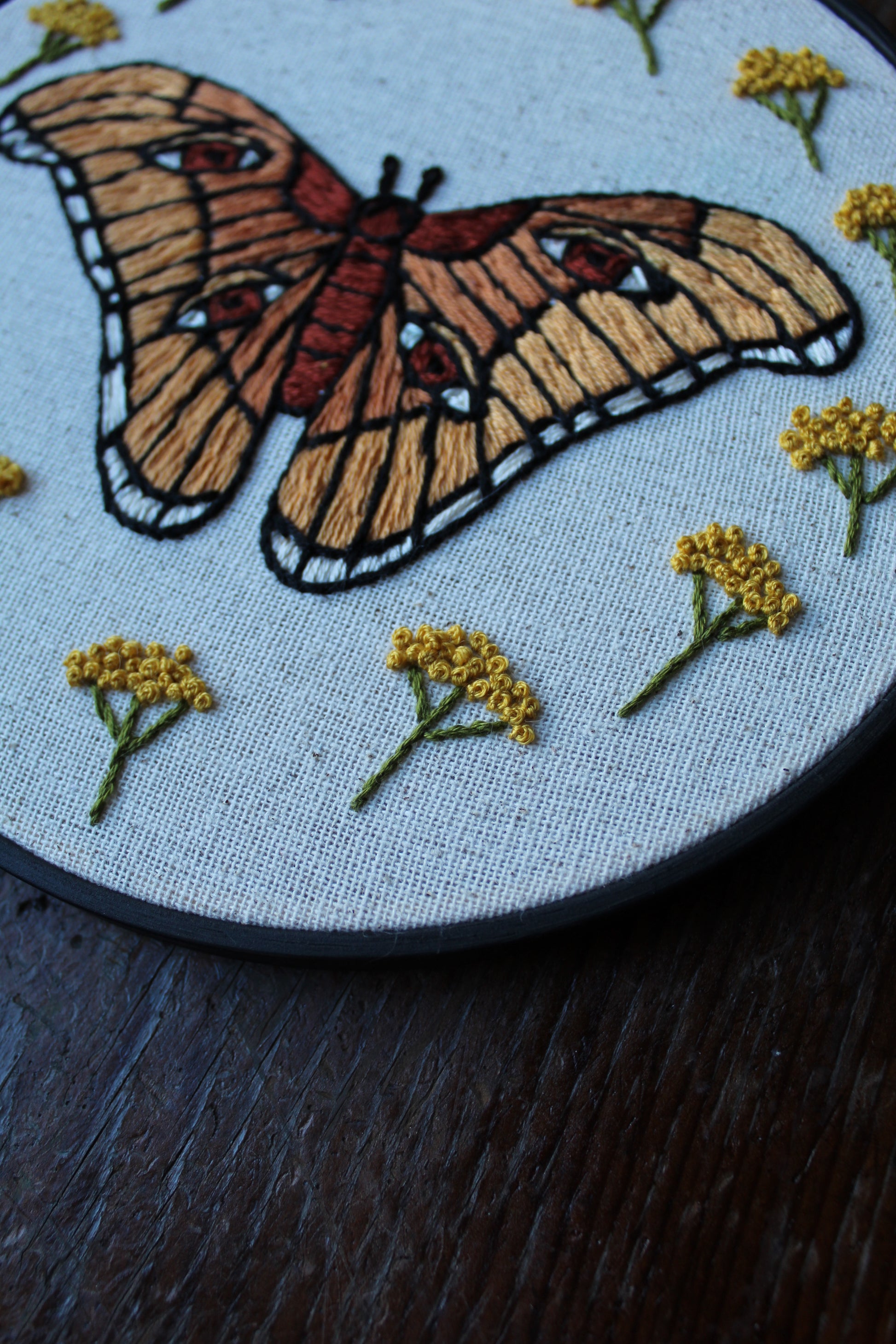 atlas moth embroidery, front close up hoop art