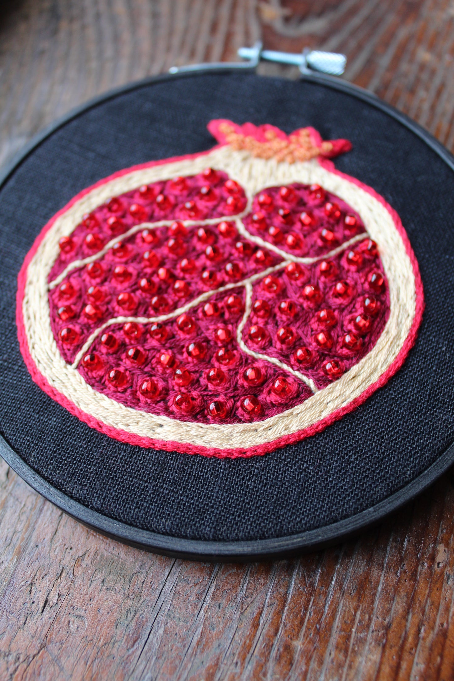 pomegranate embroidery, angled hoop art