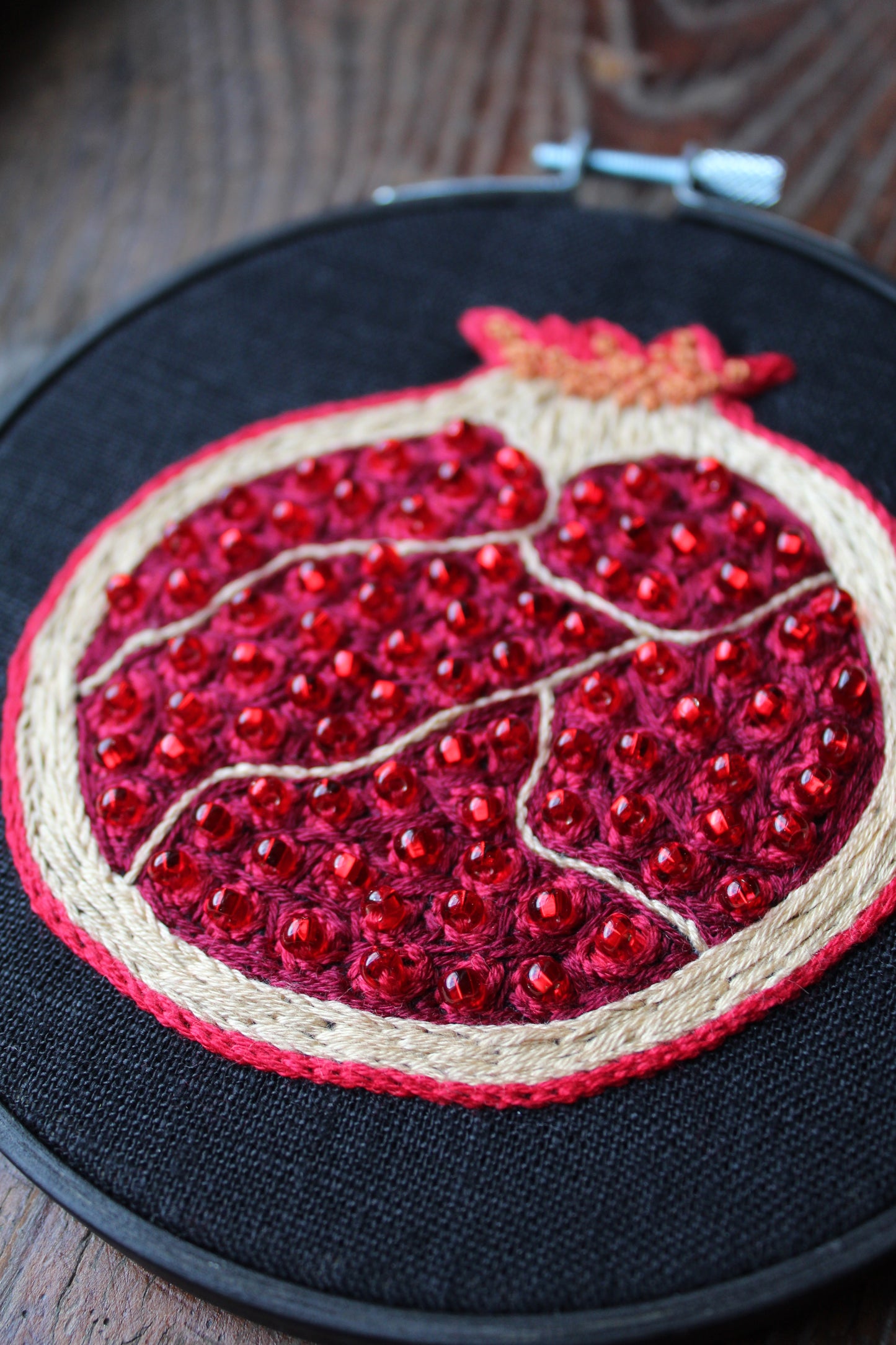 pomegranate embroidery, close up hoop art