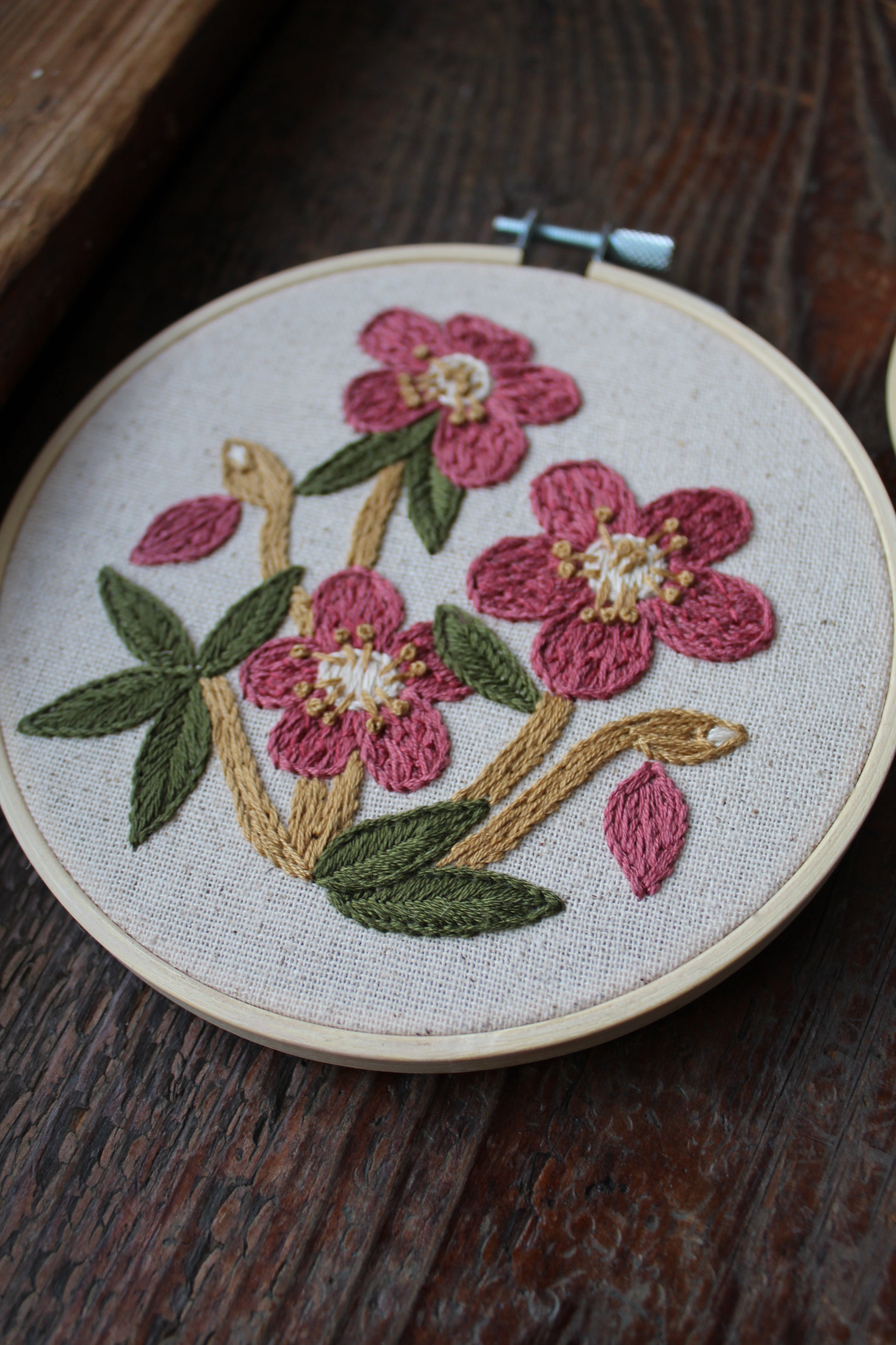 Hellebore embroidery, angled hoop art