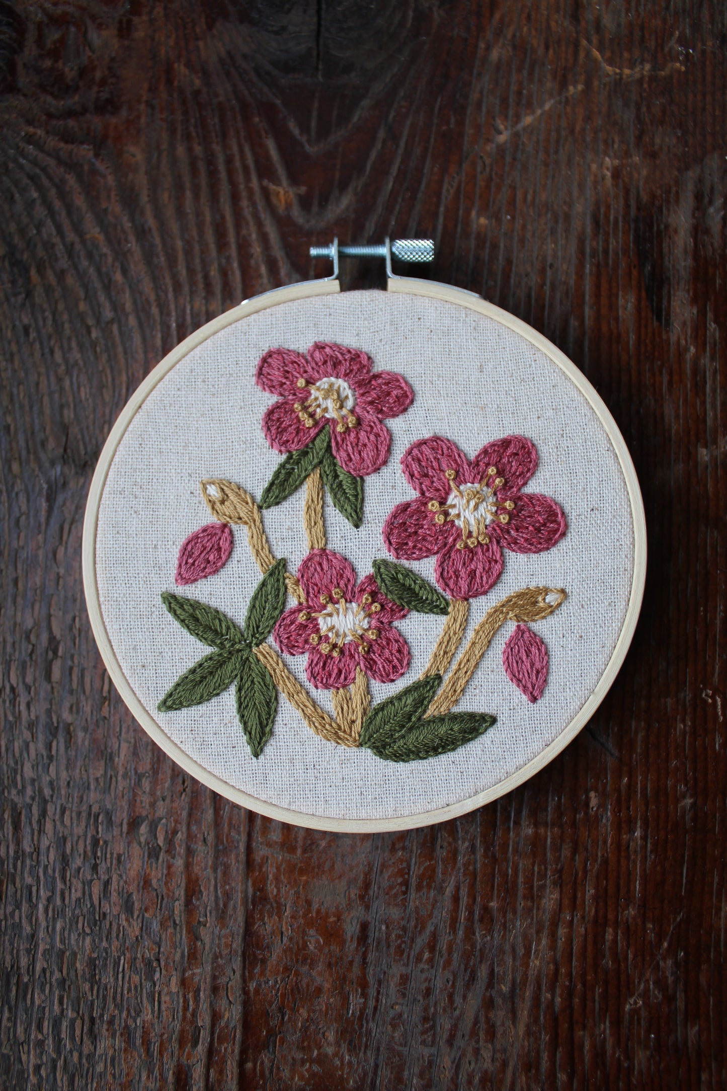 Hellebore embroidery, front hoop art