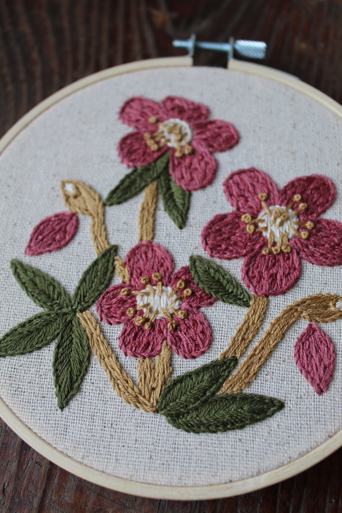 Hellebore embroidery, close up hoop art