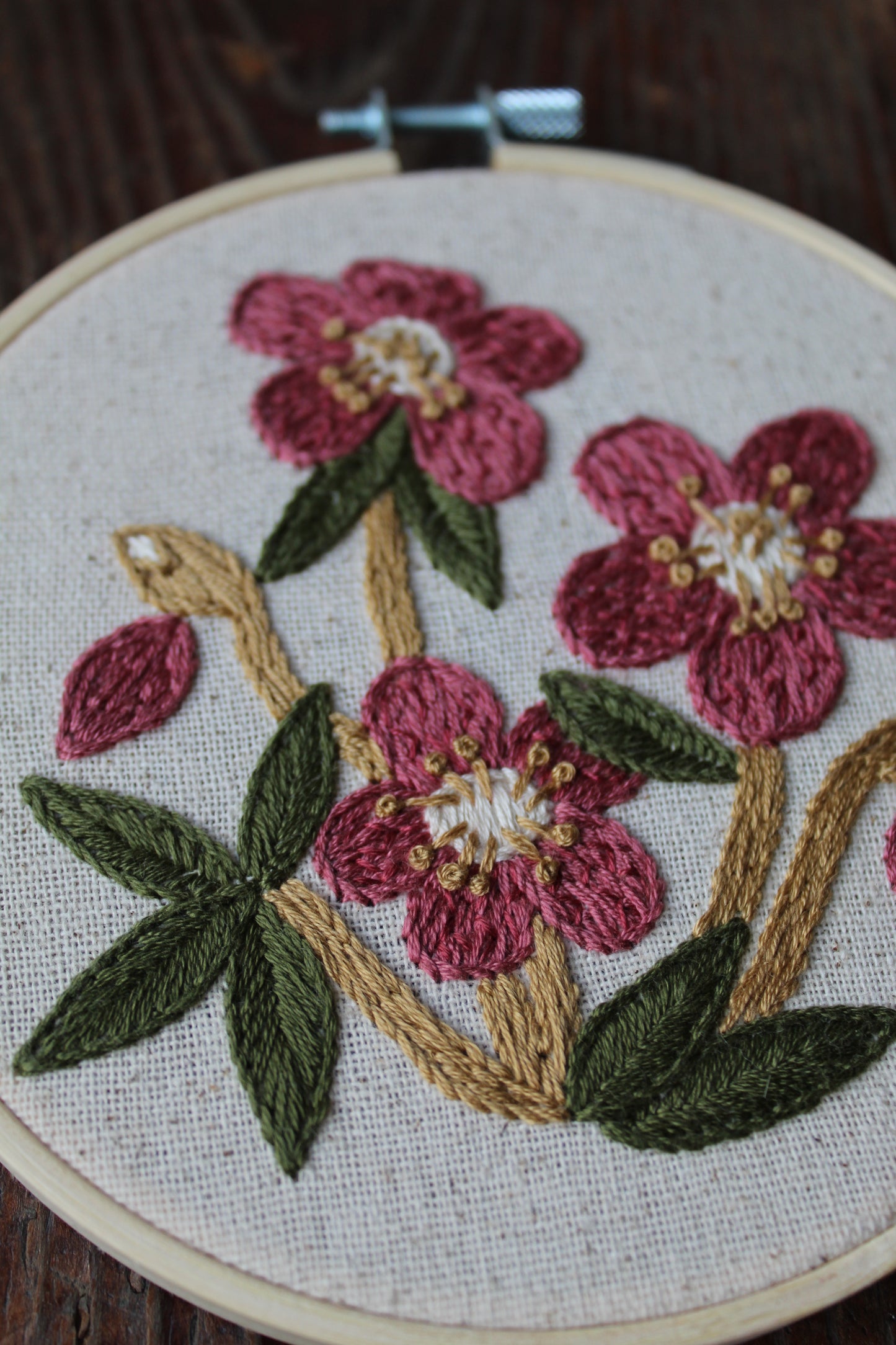 Hellebore embroidery, front angled hoop art