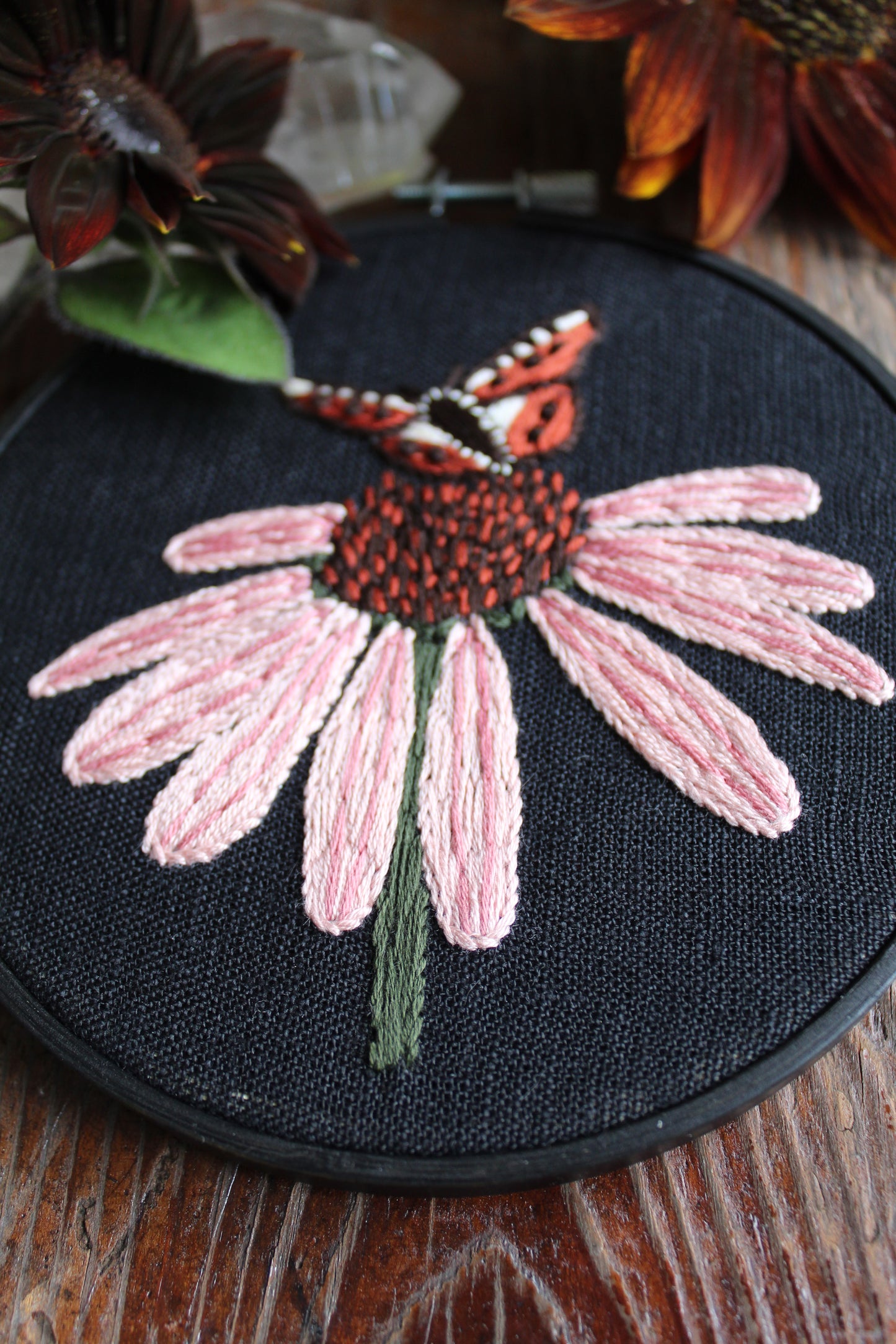 Echinacea embroidery, angled hoop art