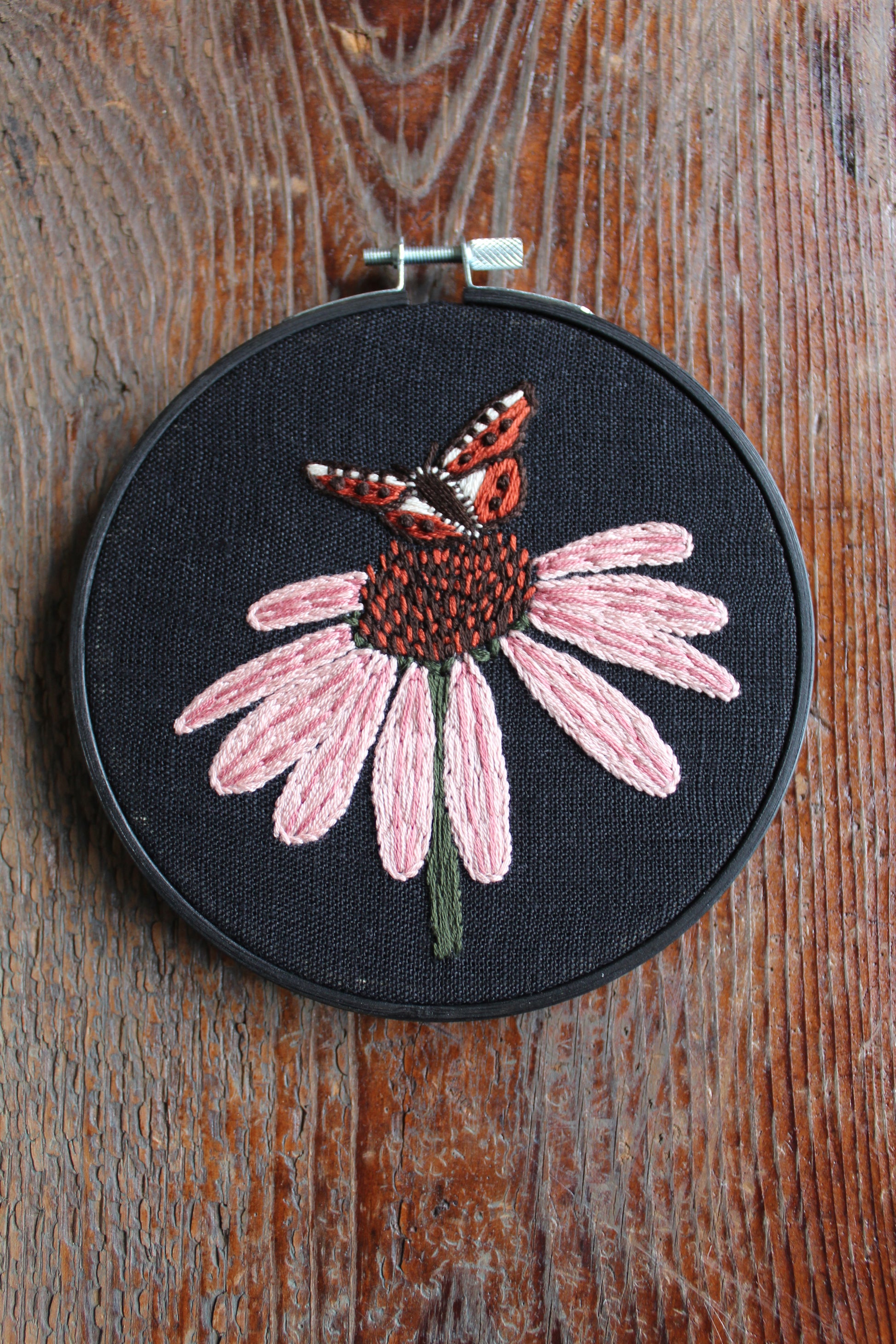 Echinacea embroidery, front hoop art