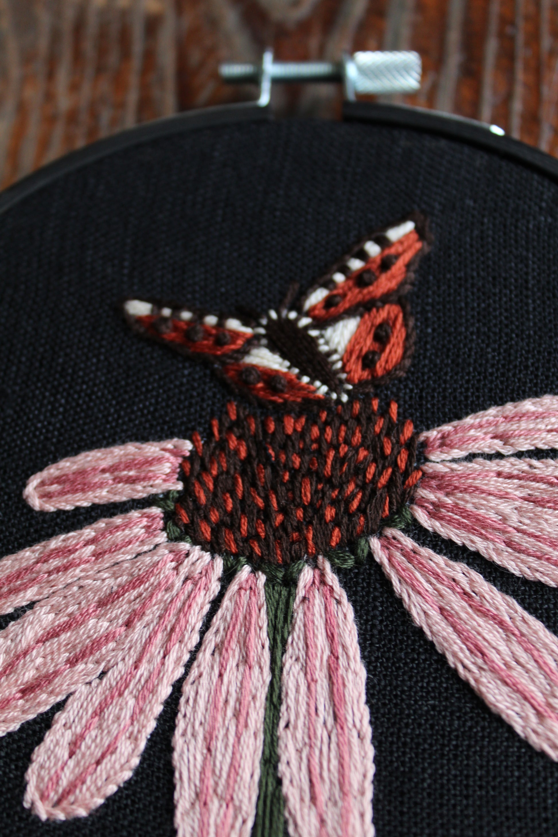 Echinacea embroidery, close up hoop art