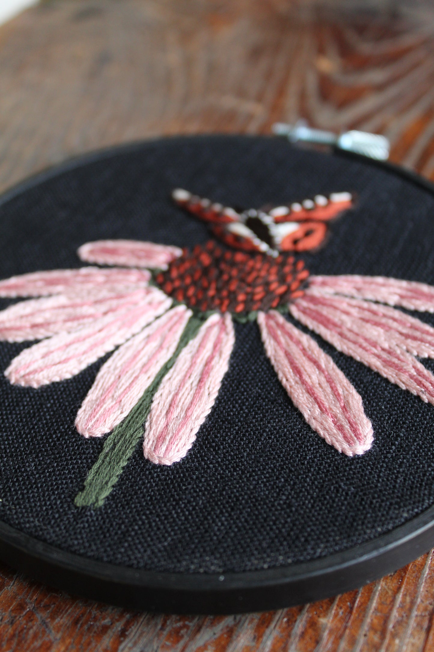 Echinacea embroidery, close up hoop art