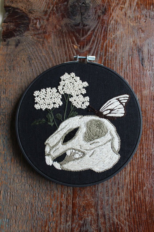 Rabbit skull embroidery, front hoop art