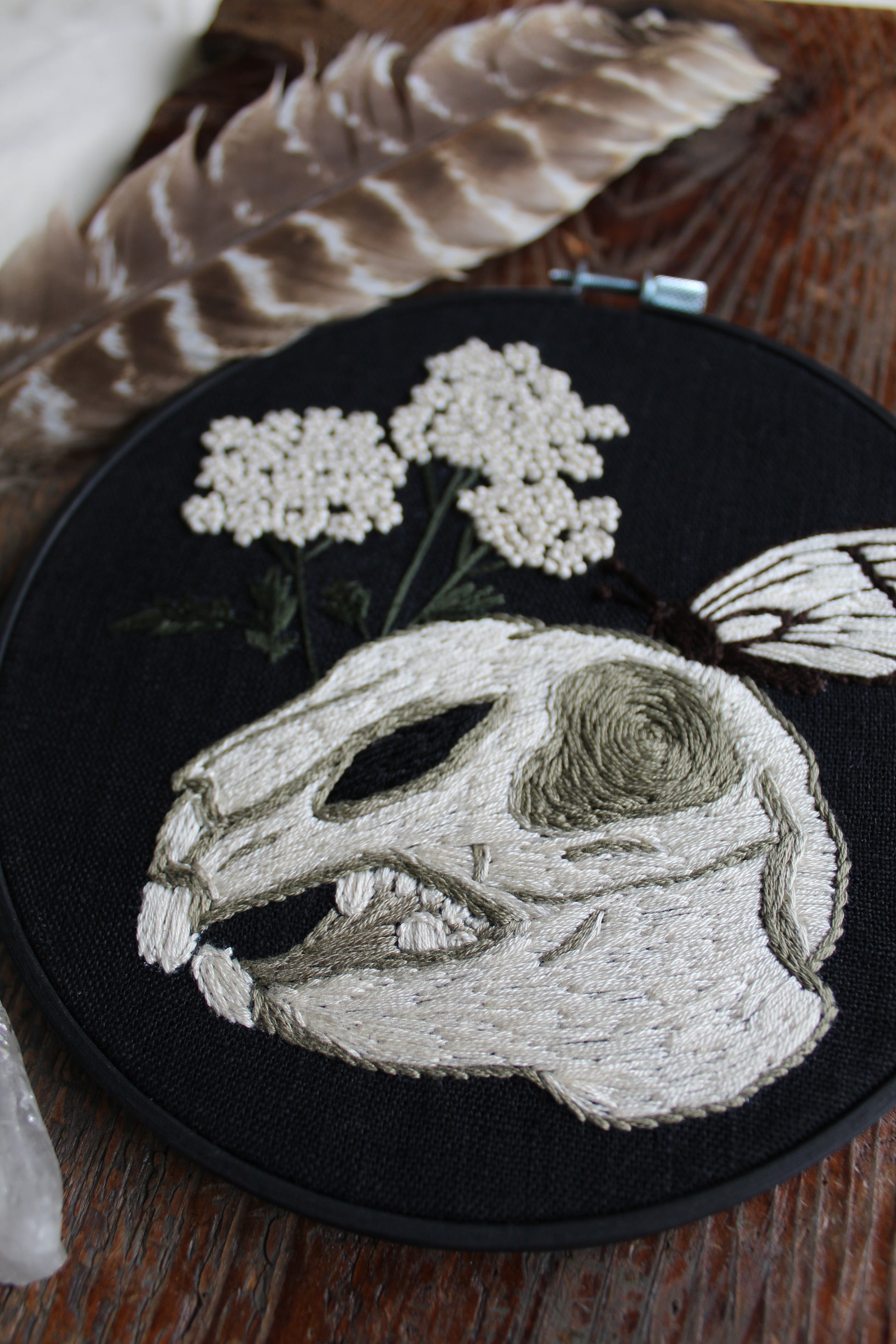 Rabbit skull embroidery, angled front hoop art