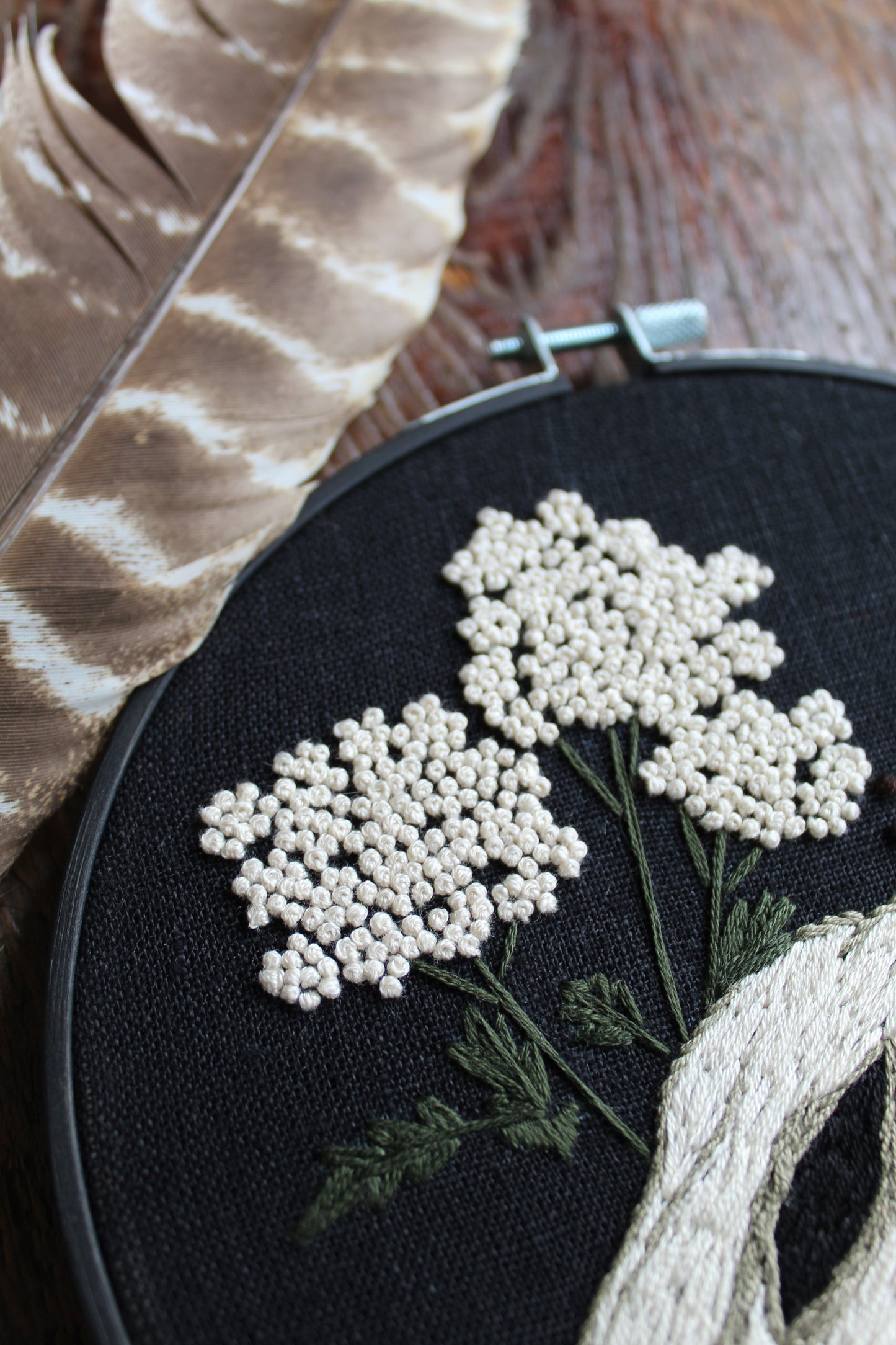 Rabbit skull embroidery, close up hoop art