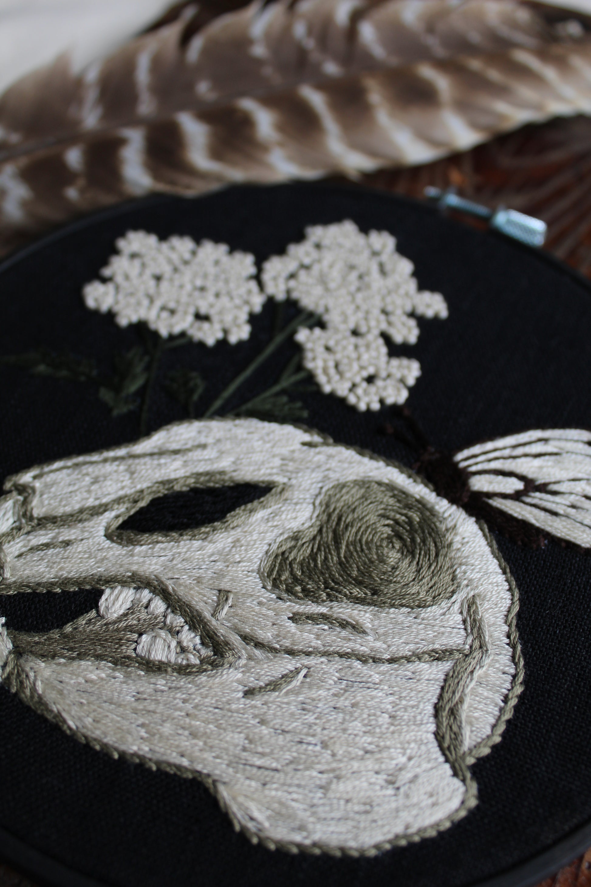 Rabbit skull embroidery, close up hoop art