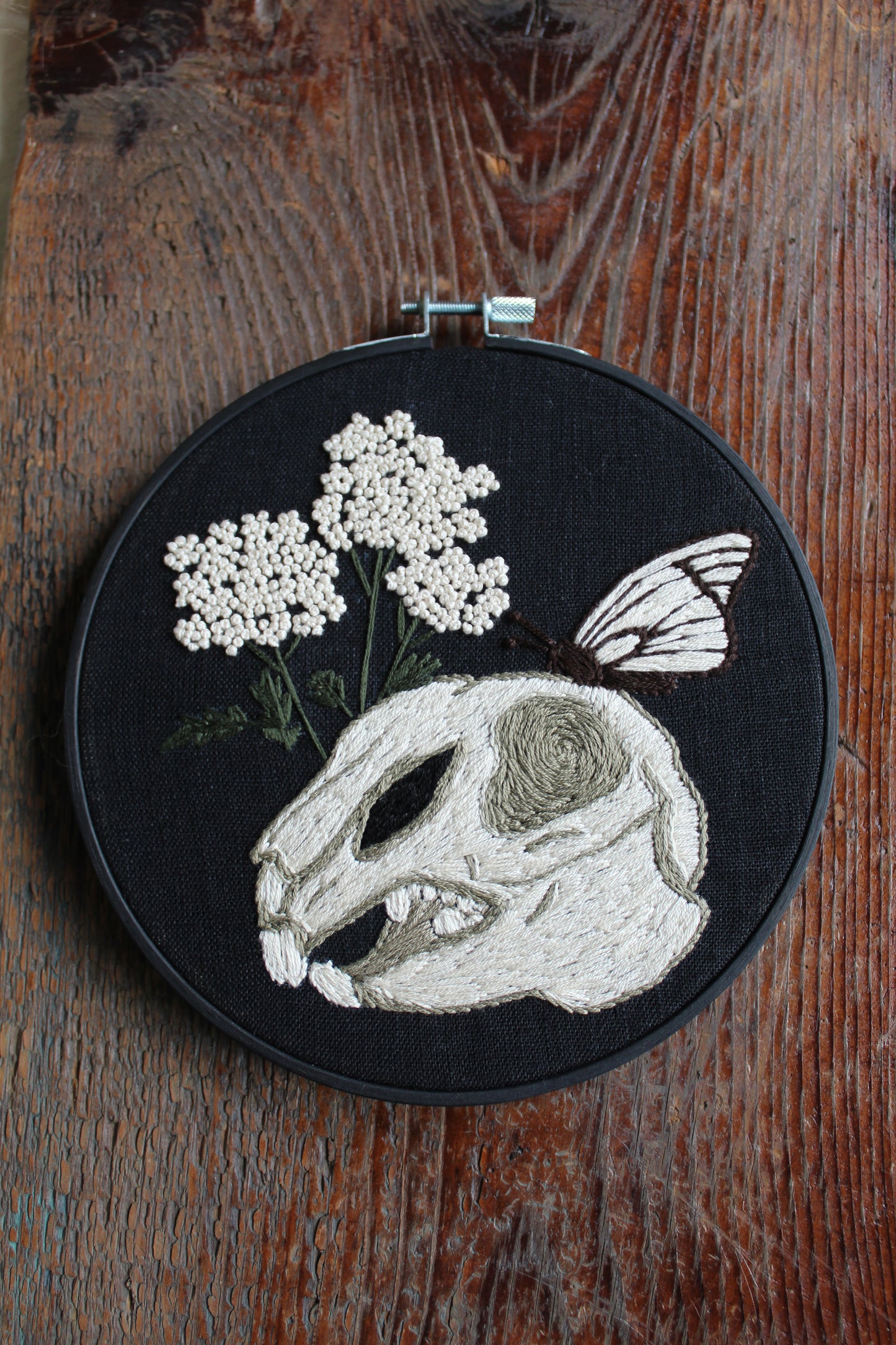 Rabbit Skull with flowers and moth 6" Embroidery Hoop Art