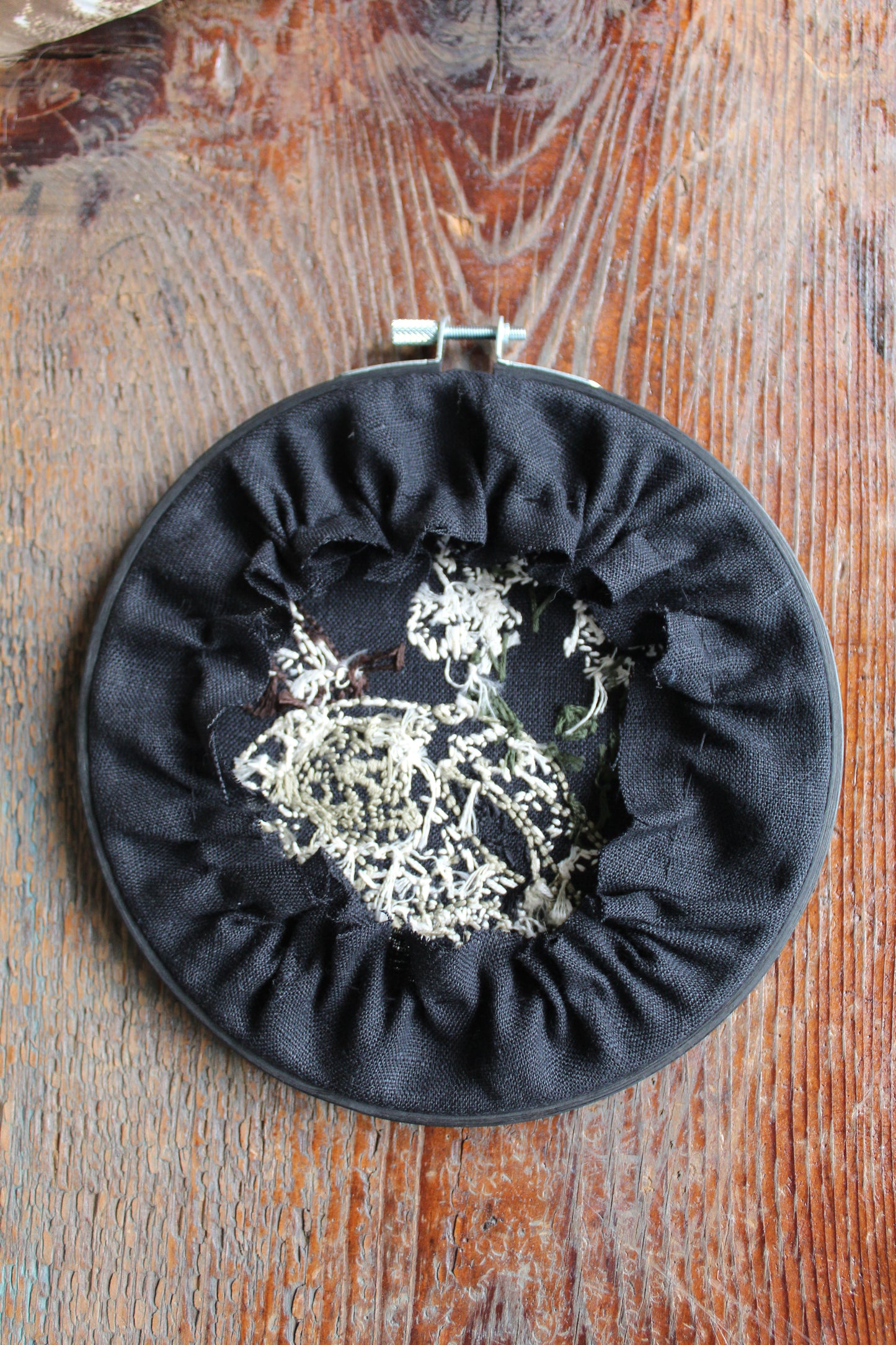 Rabbit skull embroidery, back hoop at