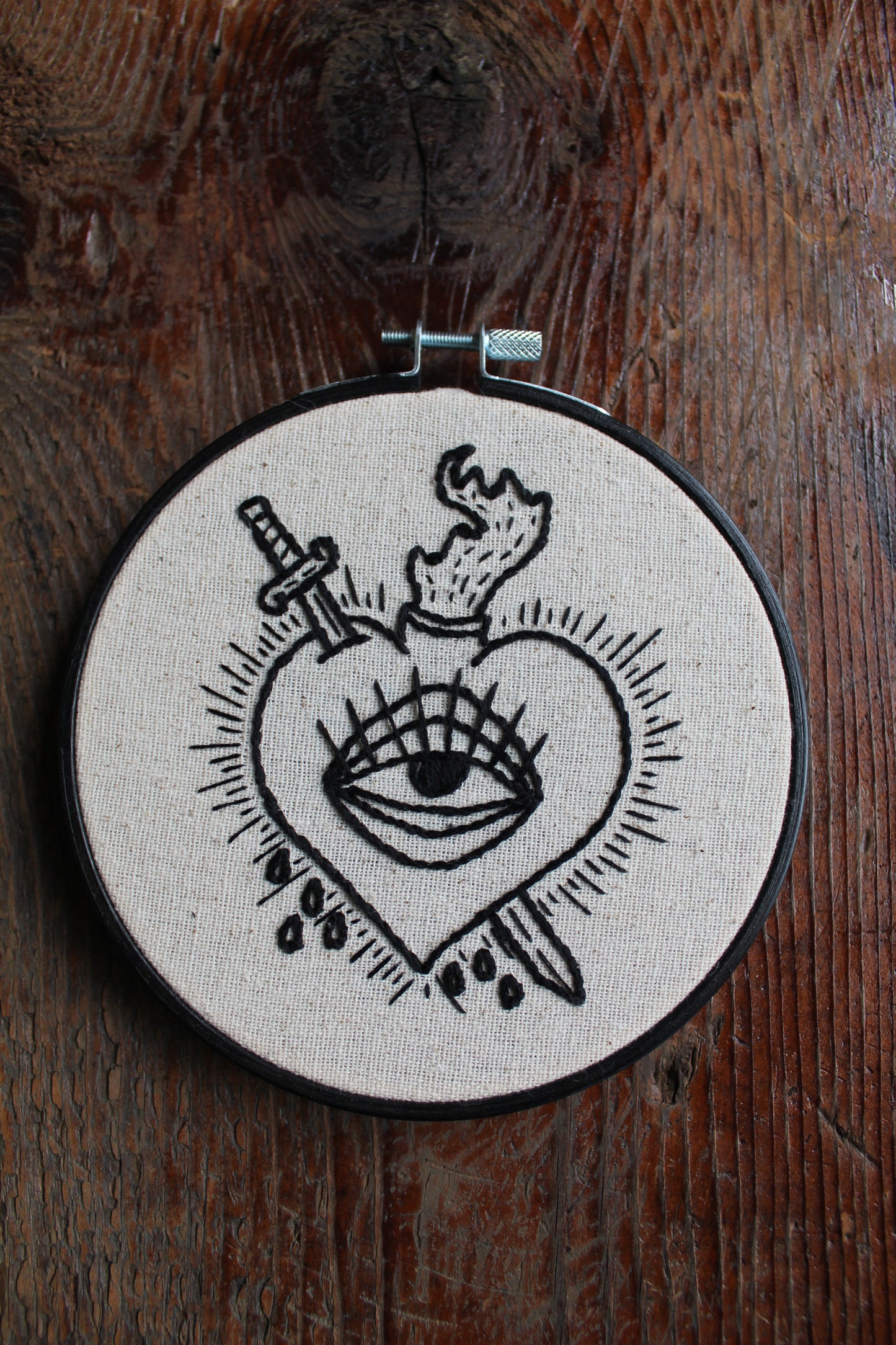 flaming heart embroidery, front hoop art