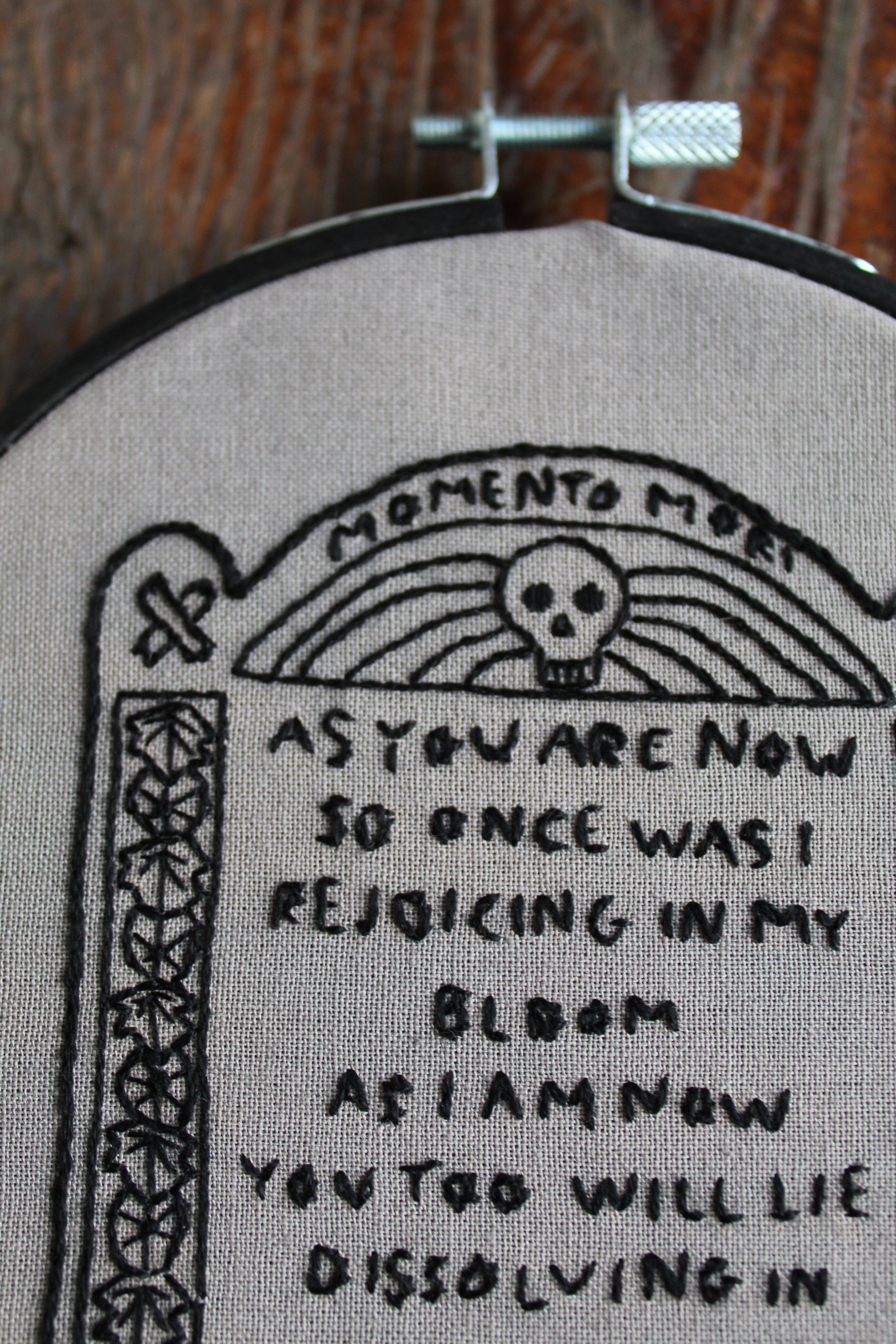 Gravestone embroidery, front hoop art