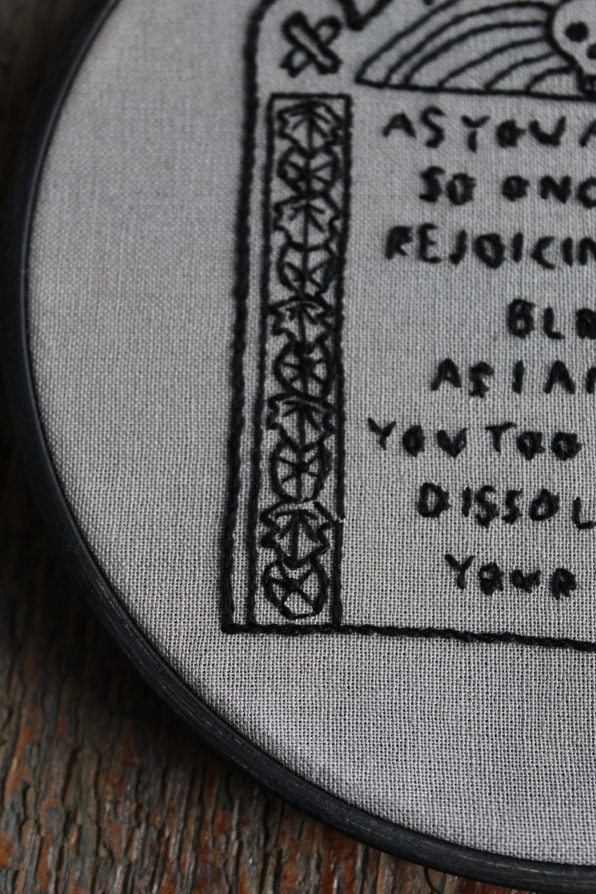 Gravestone embroidery, front detail hoop art