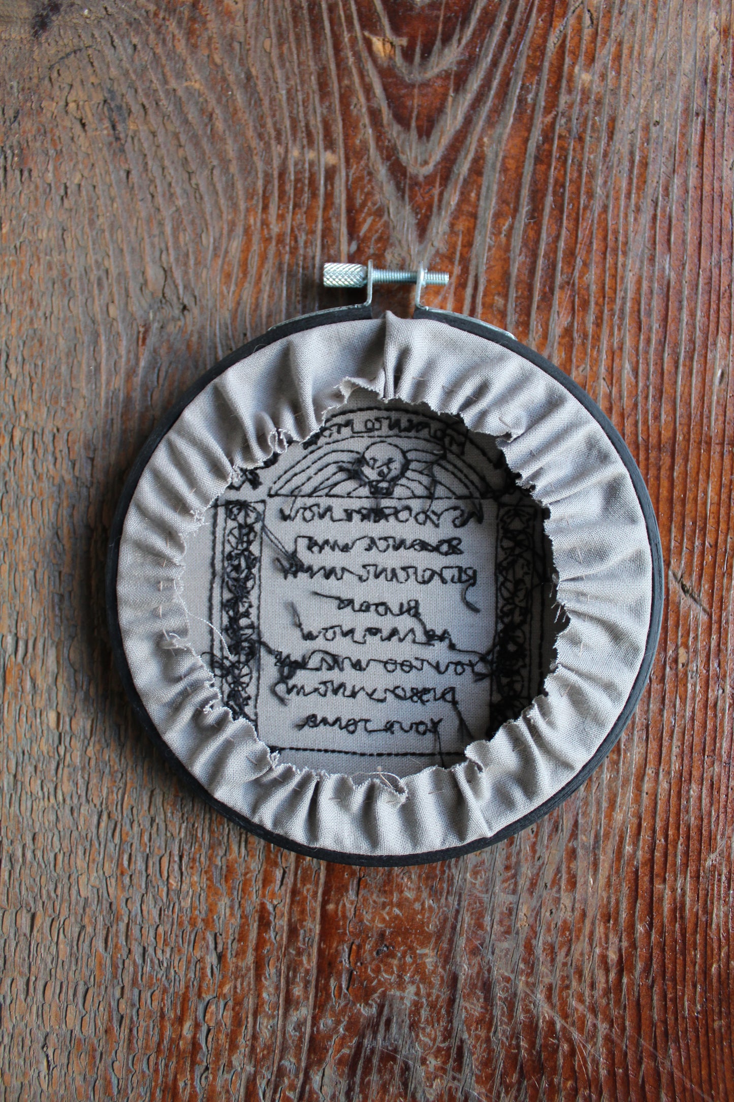 Gravestone embroidery, back hoop art