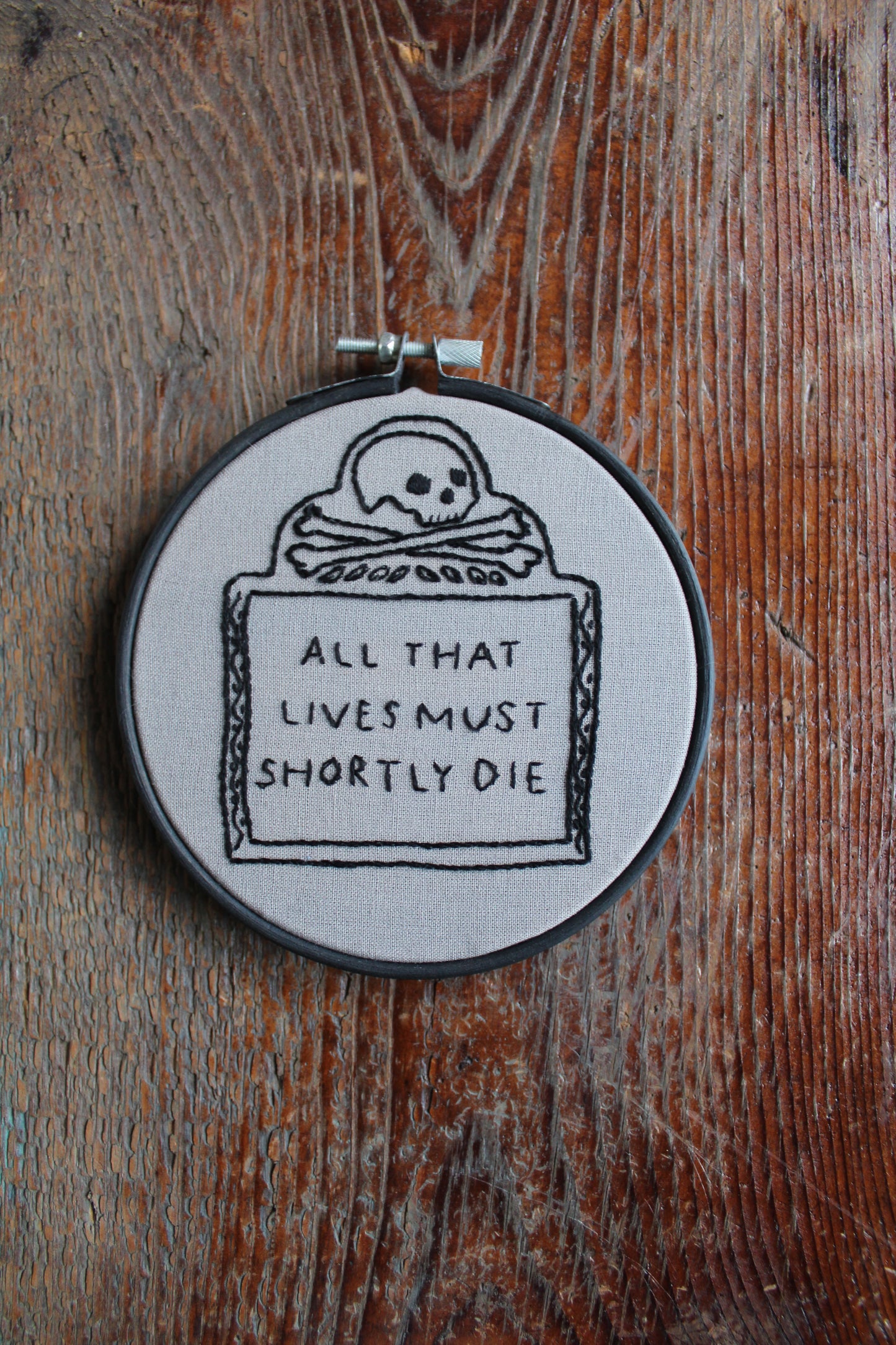 Gravestone embroidery, front hoop art