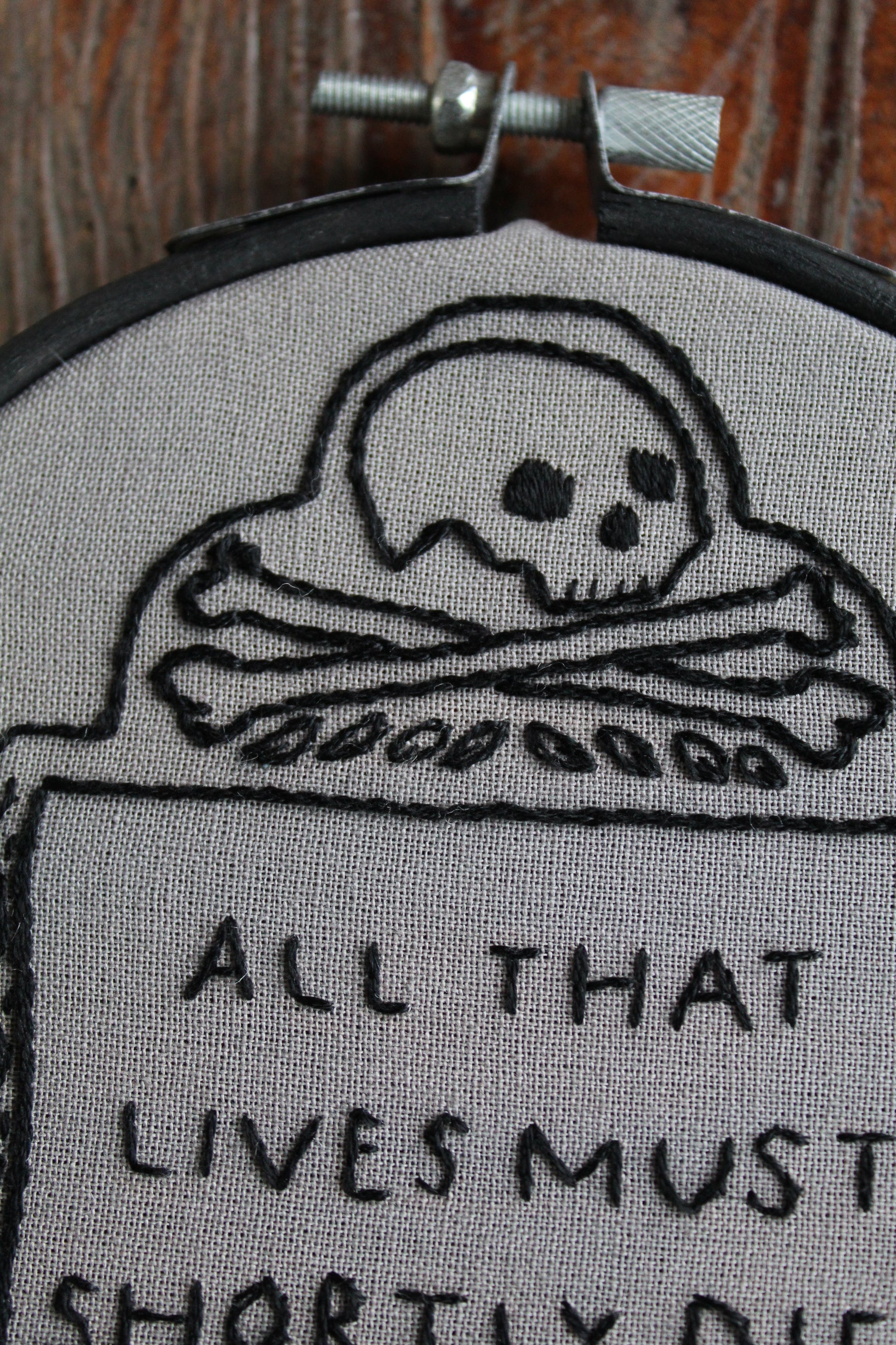 Gravestone embroidery, front detail hoop art