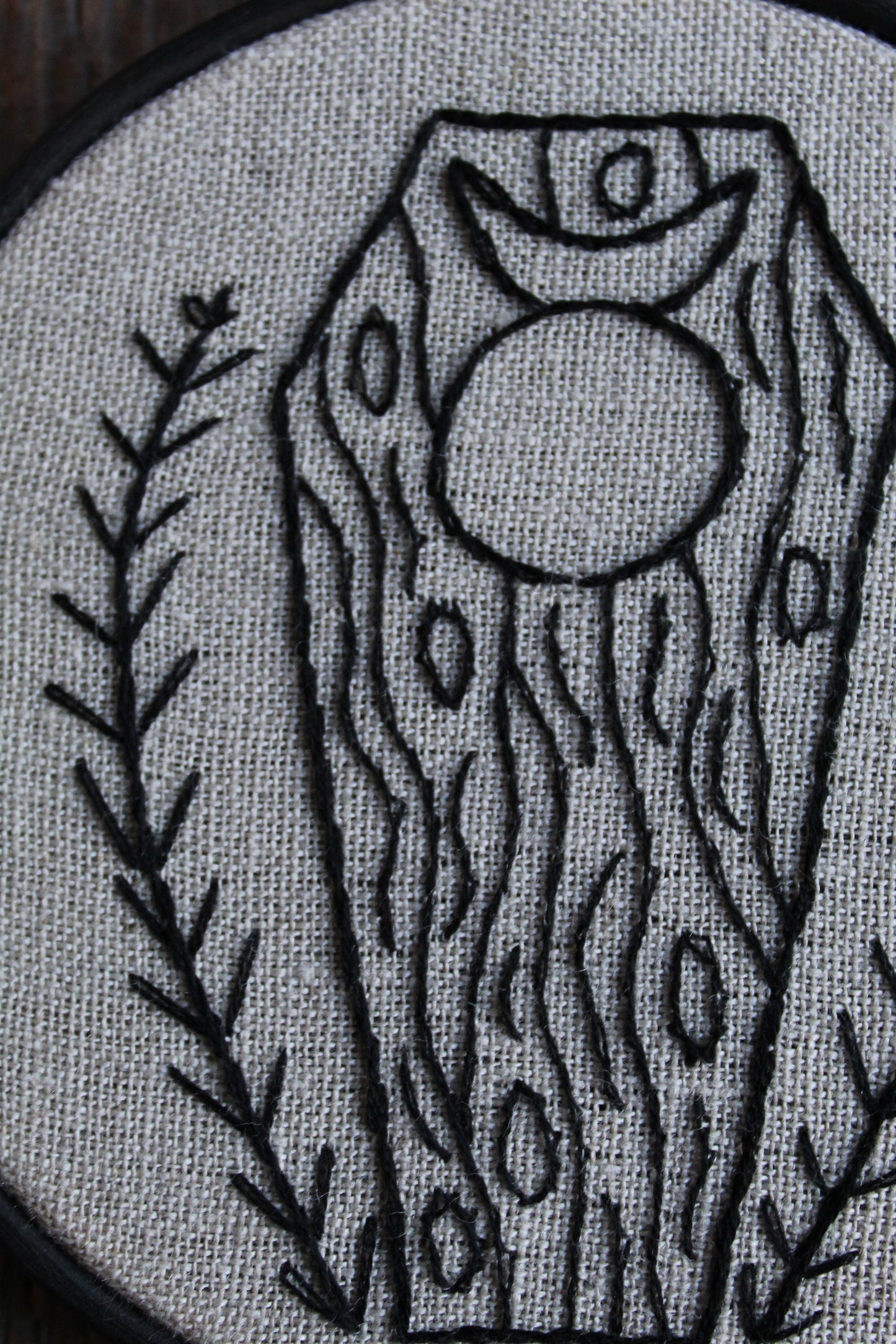 Coffin embroidery, close up hoop art