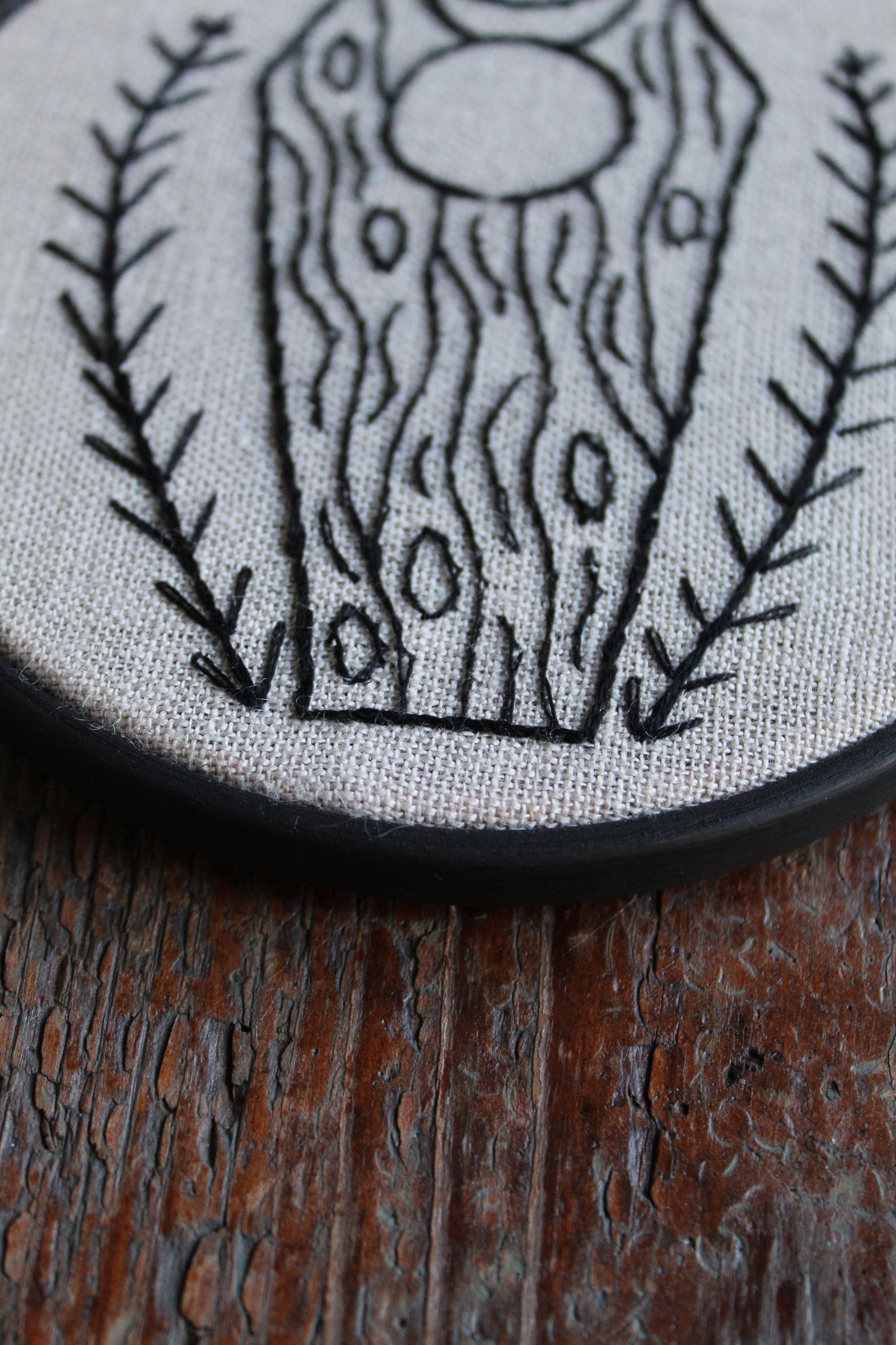 Coffin embroidery, close up hoop art