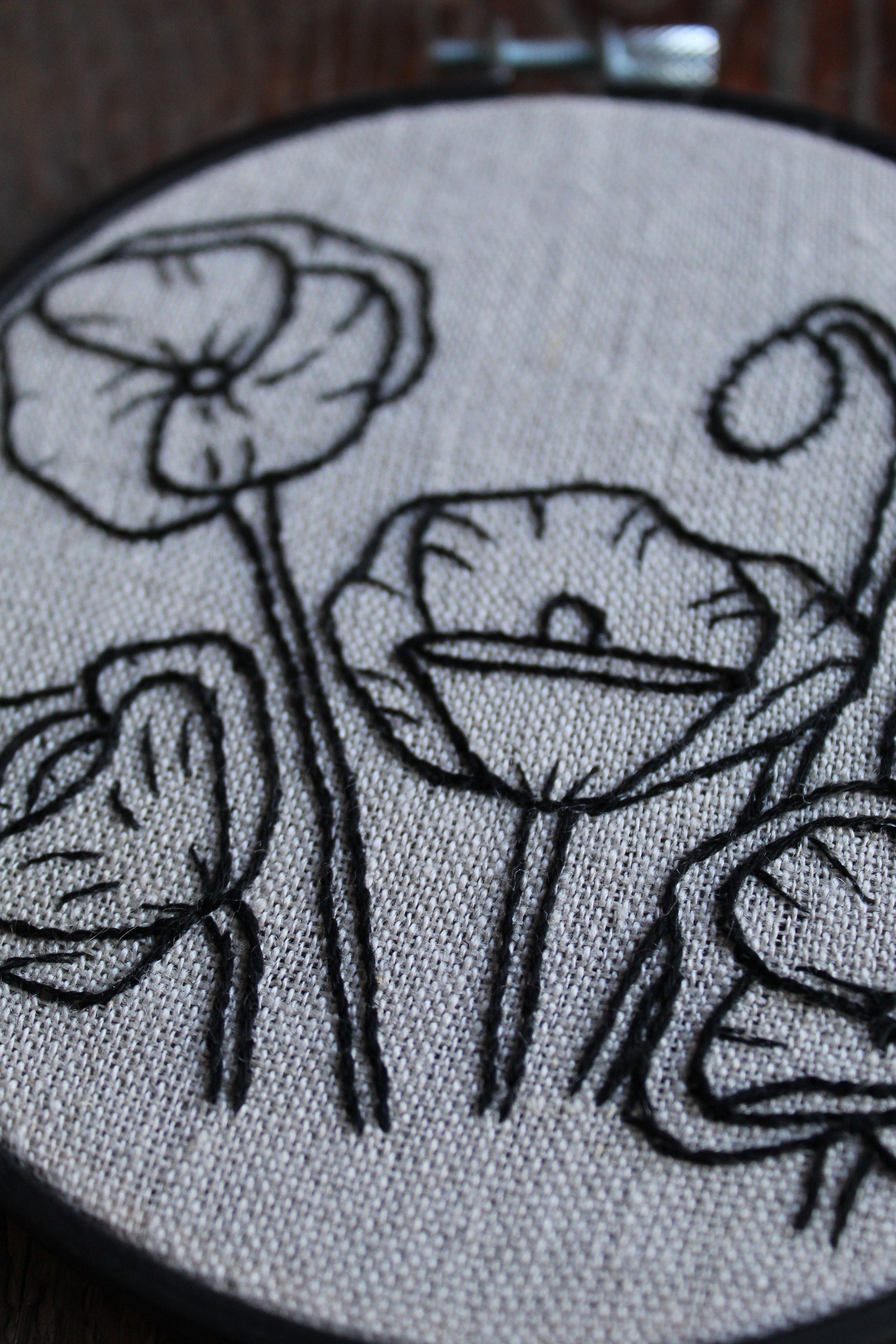 Poppies embroidery, close up hoop art