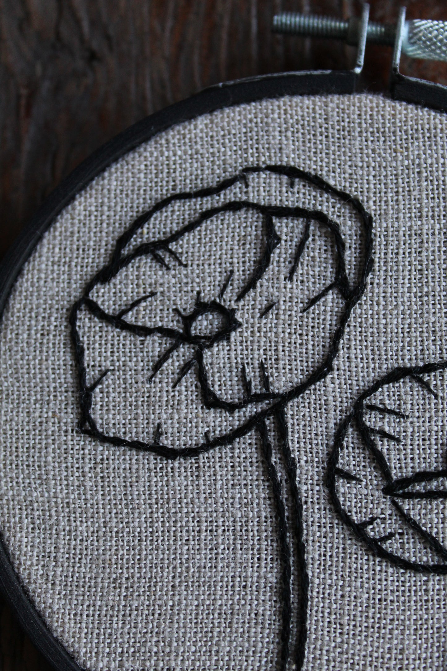 Poppies embroidery, front detail hoop art