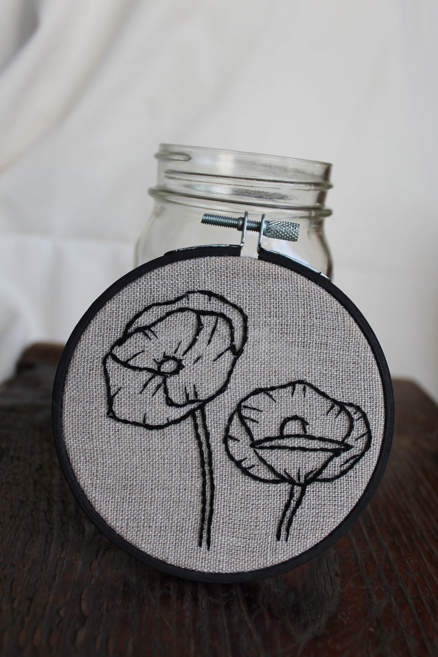 Poppies embroidery, propped up hoop art