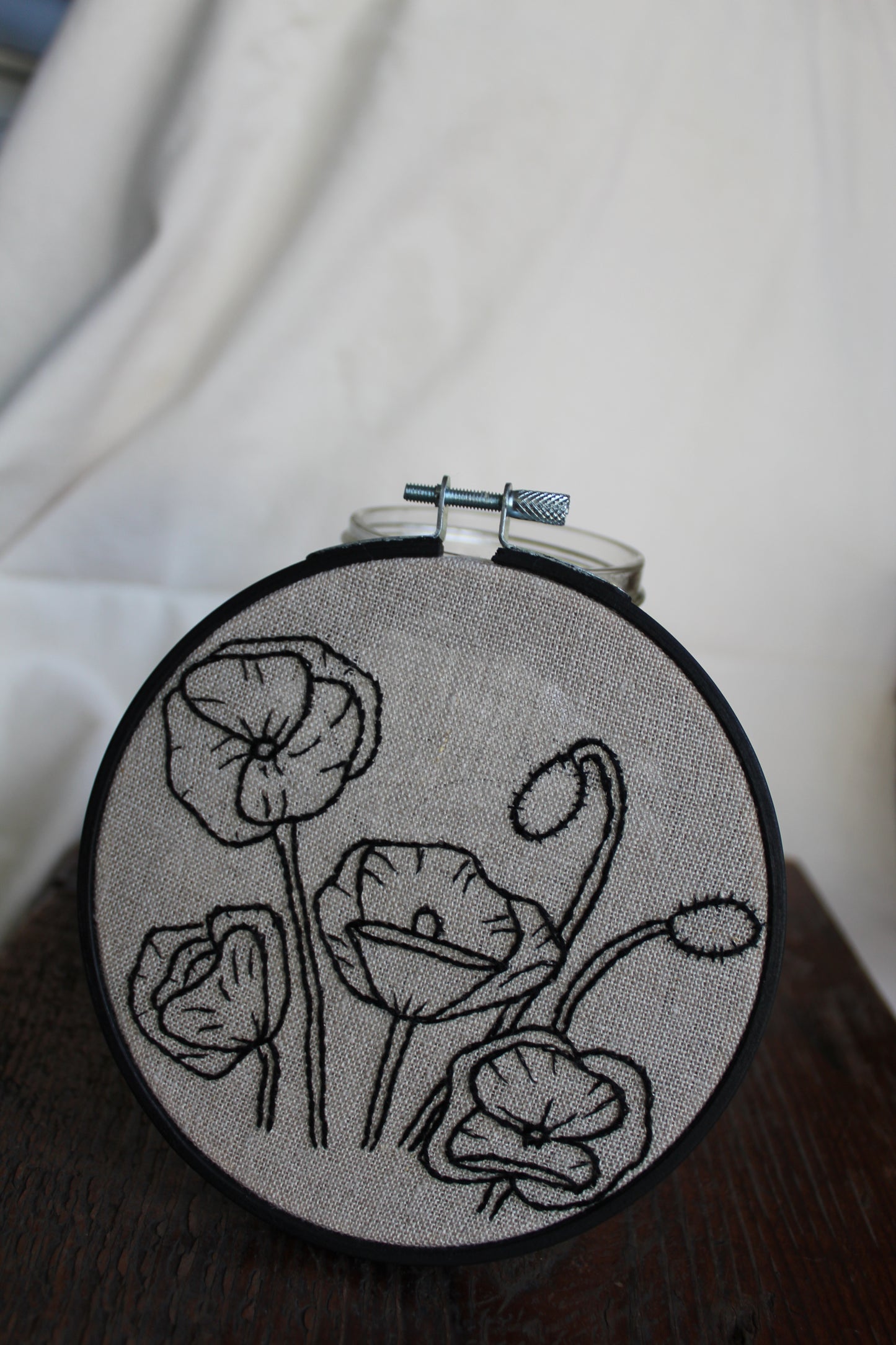 Poppies embroidery, propped up hoop art