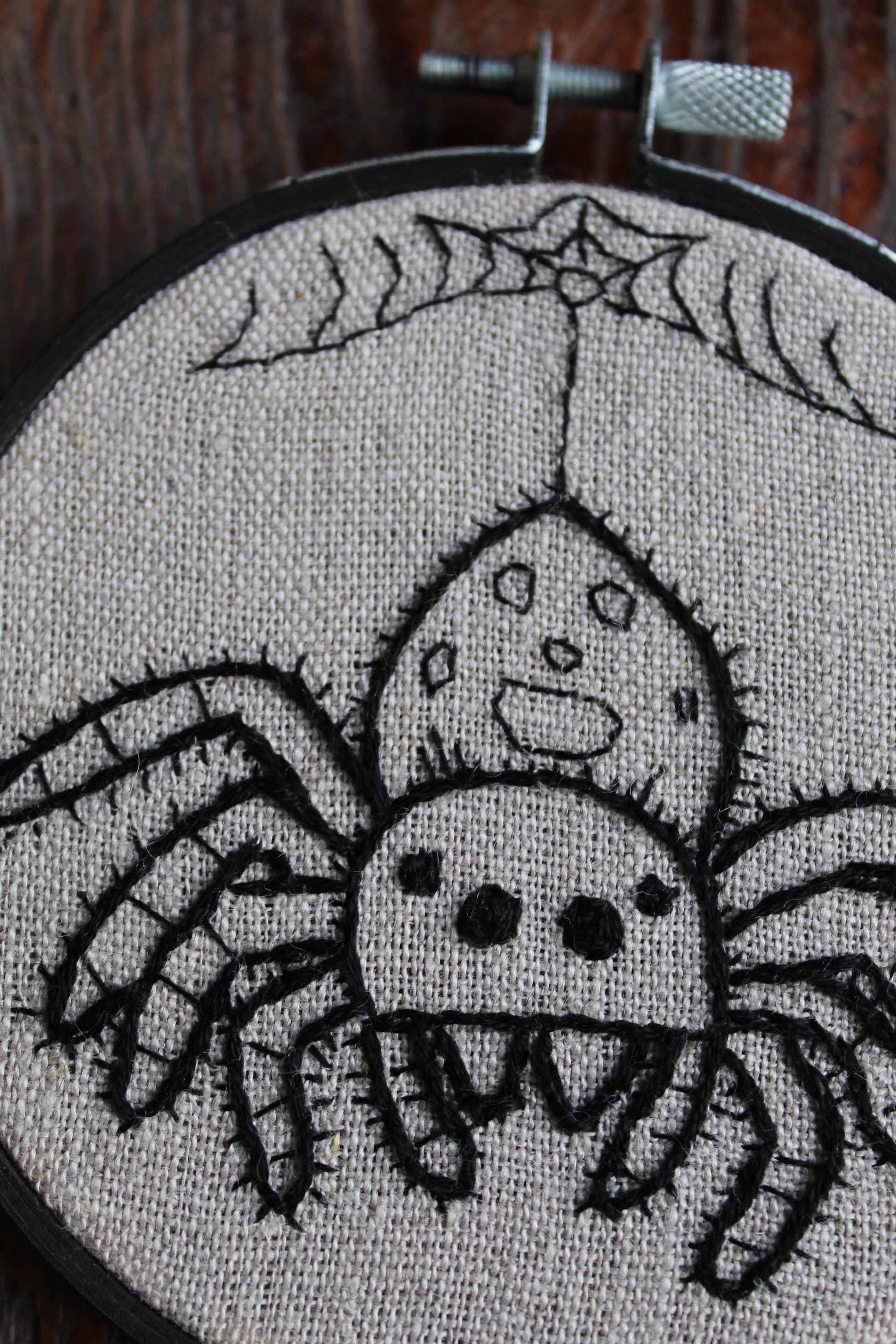 Jumping spider embroidery, close up hoop art