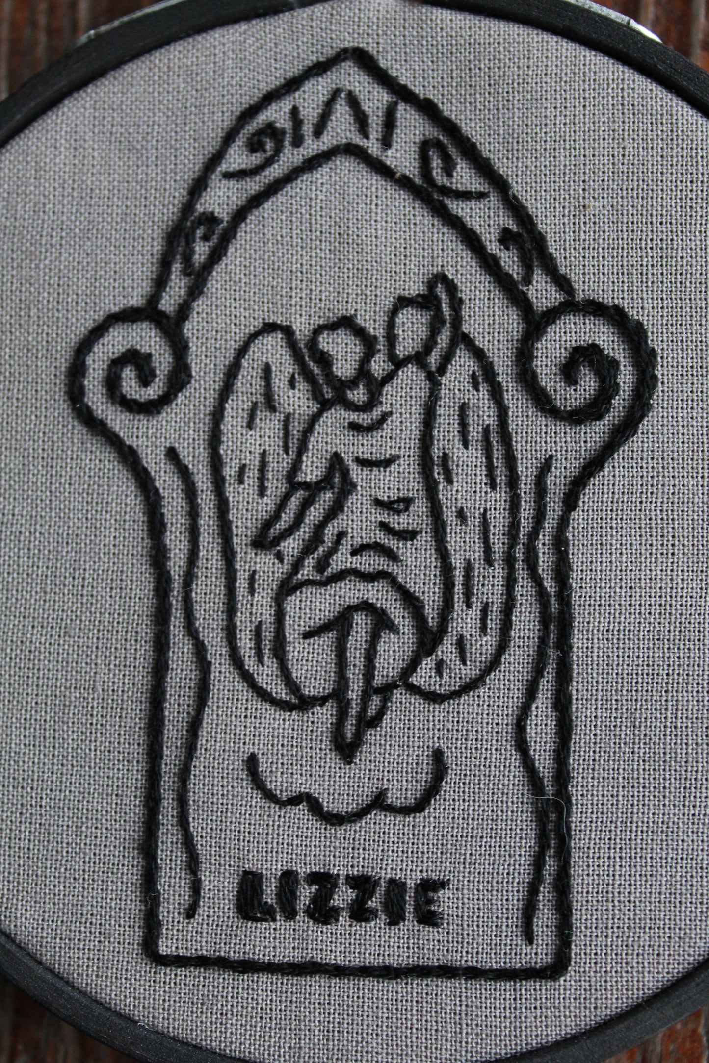 gravestone embroidery, close up hoop art