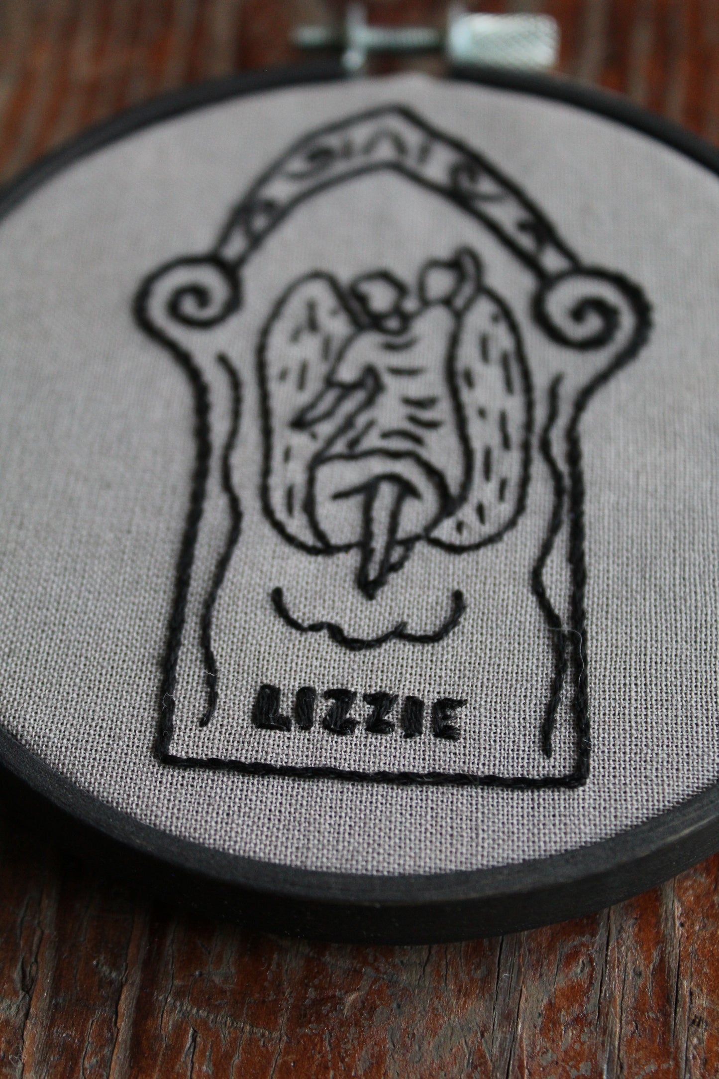 gravestone embroidery, close up hoop art