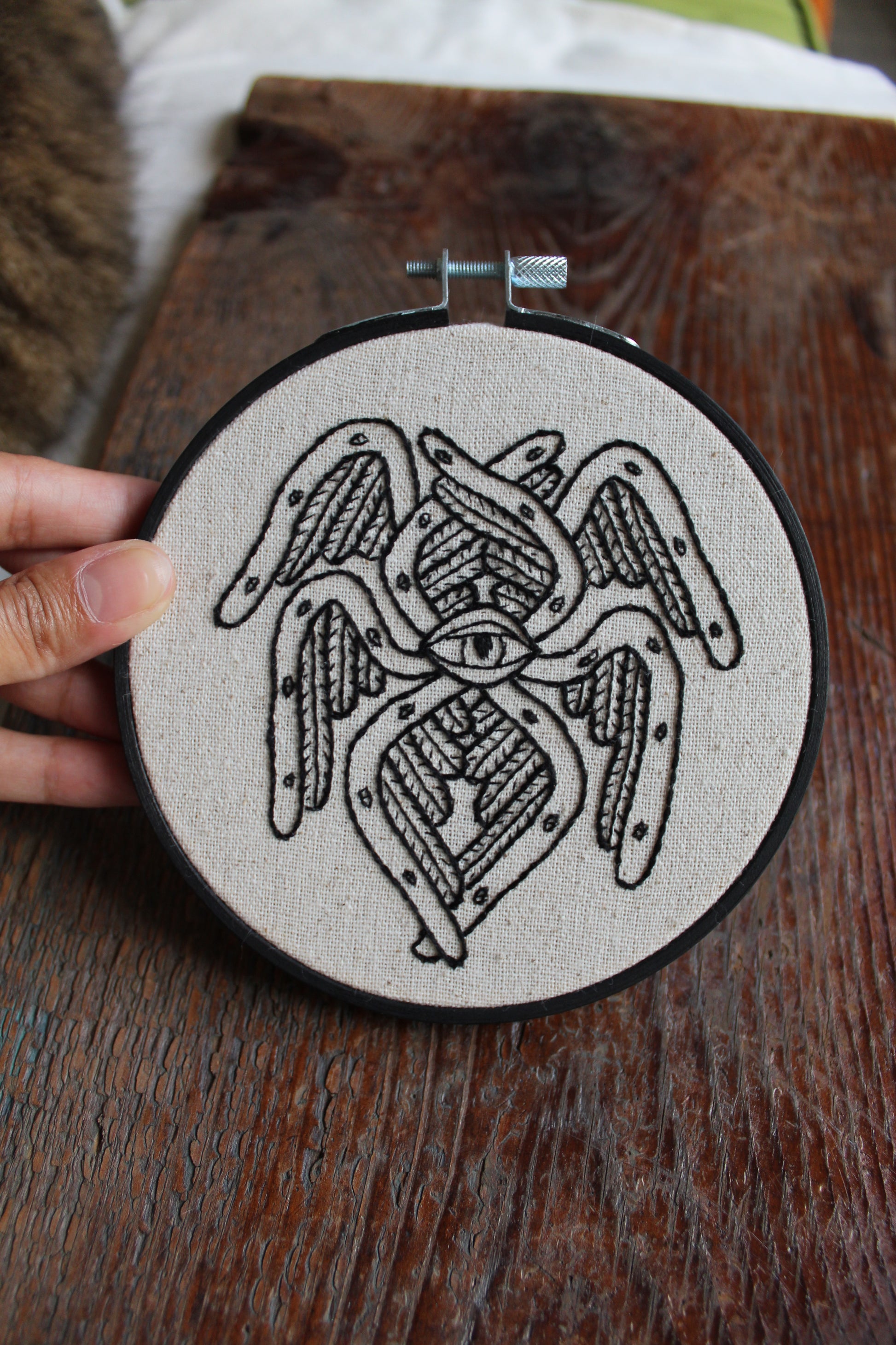 Biblical angel embroidery, held hoop art